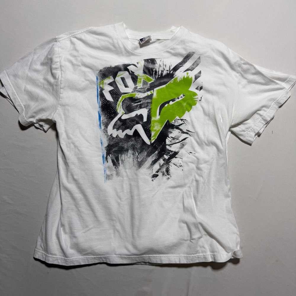 Fox Racing Mens XL White Splatter Graphic Fox Head Logo T-Shirt Motocross Y2K